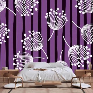 Imagem de Lcythiazole Papel de parede de dente-de-leão de tamanho personalizável, fundo roxo preto linhas brancas dente-de-leão papel de parede floral para quarto de meninas sala de estar quarto