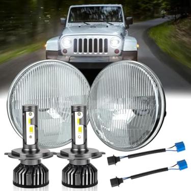 Imagem de HMCYCI 4 peças H6024 17.8 cm caixa de farol redondo de vidro H4/9003 lâmpadas LED de farol duplo compatíveis com Wrangler JK LJ TJ CJ