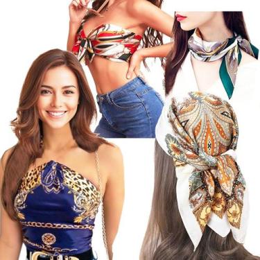 Imagem de Kit 4 Lenço Cetim Estampas Sortidas 2 Grandes + 2 Pequenos: Bandana Ca