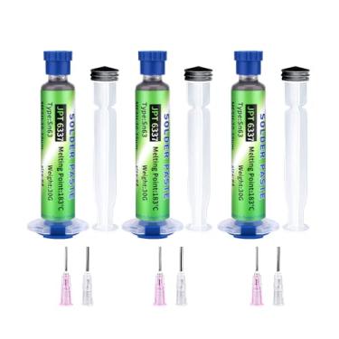 Imagem de Sn63/Pb37 Pasta de solda de estanho, ponto de fusão de 183 °C, pasta de estanho de 20 a 38 µm para eletrônicos, 3 pacotes de fluxo de solda para reparo de PCB, IC, BGA, SMD