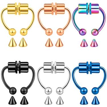 Imagem de ONESING 2 a 6 pacotes de 16 g anéis magnéticos para nariz de septo falso, anéis falsos de septo para mulheres, piercing interno falso de 10 mm-12 mm, argola de aço inoxidável sem perfuração, Aço