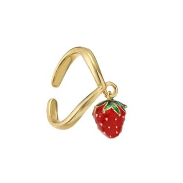 Imagem de Lindo anel aberto ajustável em forma de V com pingente de morango vermelho para mulheres, pingente banhado a ouro 14 k, colorido, esmaltado, comida, fruta, adorável anel de dedo com indicação doce