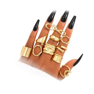 Imagem de Conjunto de 10 anéis de ouro para mulheres, grosso, clássico, delicado, boêmio, estético, tamanho grande, empilhado na junta do polegar, Liga de aço, Sem pedra preciosa