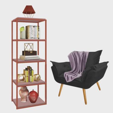 Imagem de Kit Poltrona Fatte com Manta Soft Lilás e Estante Livreiro Ferro Bronze mdf Rose Suede Preto - Ahz Móveis