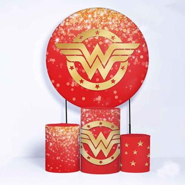 Imagem de Kit Painel de Festa Redondo de 1,80m e Trio de Cilindros Mulher Maravilha - Fera Print