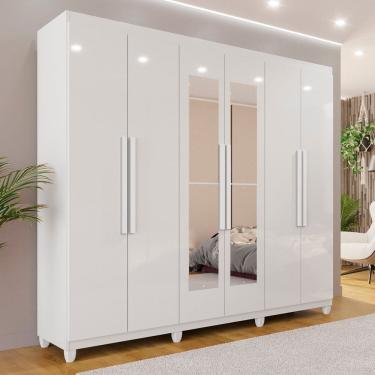 Imagem de Guarda-Roupa Casal 6 Portas 4 Gavetas com Espelho com Pés 100% MDF Atlanta Branco Neve