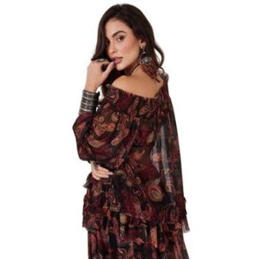 Imagem de Bata De Tule Ciganinha Preta Estampa Cashmere Yacamim A21-Feminino