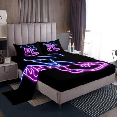 Imagem de Feelyou Jogo de cama queen, caubói ocidental infantil, decoração de quarto de meninos e meninas, chapéu de cowboy com botas, 1 lençol com elástico + 2 fronhas + 1 lençol de cima