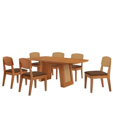 Imagem de Mesa Carolina 180 Tampo Mdf 6 Cadeiras Moderna Mobilia Veludo Marrom / Naturalle/naturalle/palh
