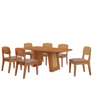 Imagem de Mesa Carolina 180 Tampo Mdf 6 Cadeiras Moderna Mobilia Linho Capuccino / Naturalle/naturalle/pa