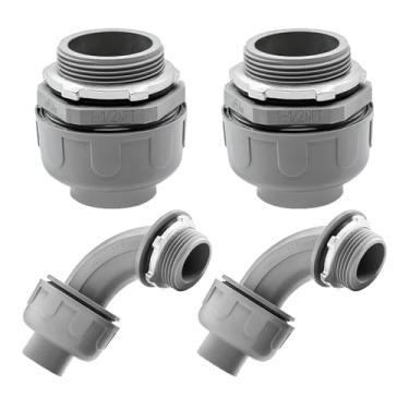 Imagem de Feotech Pacote com 4 conectores rígidos de líquido de 3,5 cm - Conexões de conduíte elétrico de PVC, reto, conectores flexíveis não metálicos de 90 e 180 graus para casa, banheiro e cozinha, cinza
