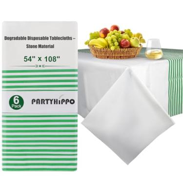 Imagem de PARTYHIPPO Toalha de mesa descartável degradável de papel de pedra (137 x 274 cm, pacote com 6) – retangular, impermeável, à prova de vazamento, durável (faixa verde)