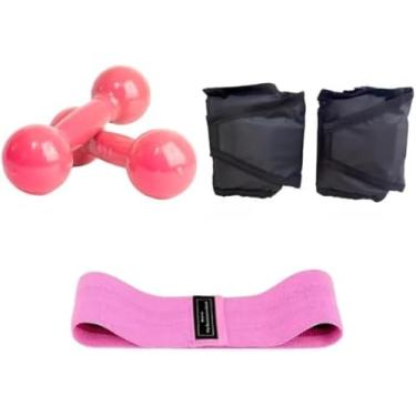 Imagem de Par Halter Peso 01 Kg Rosa + Par Caneleira Tornozeleira Peso 02 Kg Preta + Faixa Elástica de Tecido