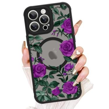 Imagem de AIGOMARA Capa para iPhone 13 Pro, compatível com MagSafe, linda estampa de flor rosa com capa de telefone fosca semitransparente para mulher Gilrs TPU macio e PC capa protetora traseira fina roxa