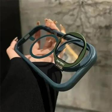 Imagem de Suporte de proteção de lente de câmera flip case magnético para iPhone 16 11 12 13 14 15 Pro Max Plus capa transparente verde para iPhone 16 Plus