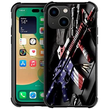 Imagem de ZHEGAILIAN Capa compatível com iPhone 14 Plus, capa masculina com coldre de metralhadora 14 Plus, parte traseira de vidro temperado + capa protetora de choque de TPU de silicone macio para Apple 14