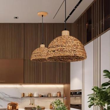 Imagem de Giltnio Luminária Pendente Estilo Boho Rattan De 11,8" Feita À Mão Em Vime, Luminária Suspensa Estilo Fazenda, Estilo Cesta Costeira, Para Quarto, Cozinha, Ilha, Sala De Estar E Jantar - Pacote Com
