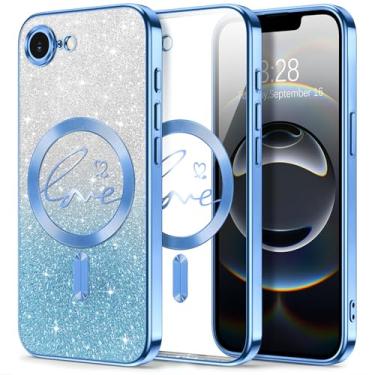 Imagem de Hython Capa para iPhone 16e com glitter, compatível com MagSafe Love Heart Magnetic Clear Phone Cases para mulheres e meninas, proteção total para câmera, revestimento brilhante, à prova de choque