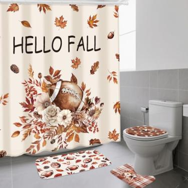 Imagem de Mindsoft Conjunto de 4 peças de cortina de chuveiro de outono com tapetes antiderrapantes, capa de tampa de vaso sanitário, tapete de banho e 12 ganchos conjunto de cortinas de banheiro outono futebol