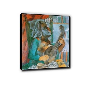 Imagem de Pintura abstrata "Woman with a bandolim" de Picasso Famosa impressão de arte de parede em tela pronta para pendurar quadros de parede modernos para sala de estar 80 x 104 cm moldura preta