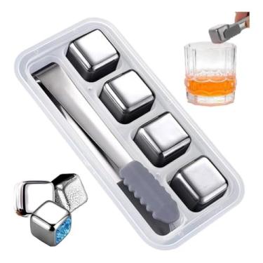 Imagem de Kit 04 Cubos Gelo Aço Inox Metal Com Pegador Whisky Drinks