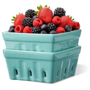 Imagem de ONEMORE Tigela de frutas silvestres de cerâmica com furos, tigela quadrada de frutas silvestres para geladeira - cesta de frutas de 14,7 cm para decoração de cozinha, conjunto com 2, verde menta