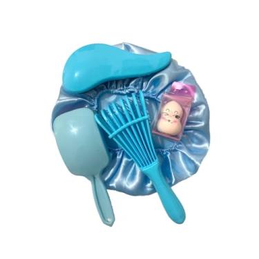 Imagem de Kit 03 Escova com Raquete Fashion Touca de Cetim e Esponjinha para Maquiagem (Azul/Rosa)