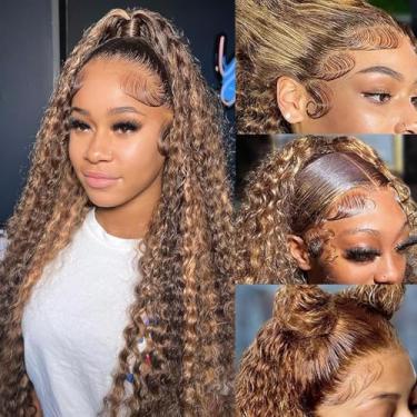 Imagem de UPIGUILK Peruca De Renda Frontal Com Ombré, Densidade 200, 28" E Ondas Profundas, Cabelo Humano, 13X6 Hd, Pré-Depilada, Nº 4/27, Cacheada, Loira Mel, Molhada, Ondulada