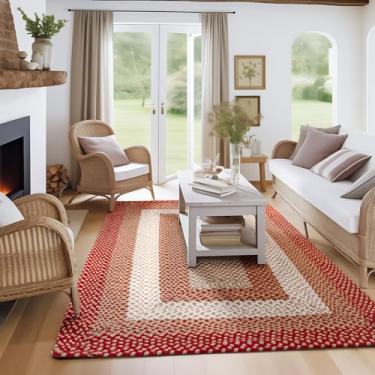 Imagem de Super Area Rugs Tapete trançado de fazenda de 1,5 x 2,3 m - Tapete de algodão macio natural para sala de estar - Tapete de tecido country primitivo - vermelho/creme/marfim