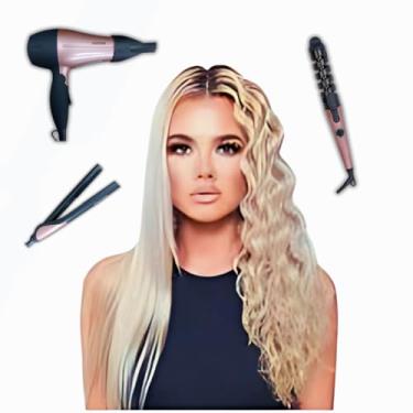 Imagem de Kit Profissional para Cabelo, Secador 1200W Rosa, Modelador de Cachos Rosa, Chapinha Bivolt, Conjunto 3 Peças