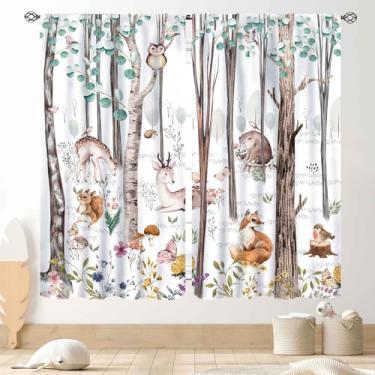 Imagem de Cortinas florestais para quarto de crianças, animais selvagens da floresta rústica, aquarela, urso, cervo, raposa, campo, blecaute, janela, para bebês, meninas, meninos, quarto, sala de estar