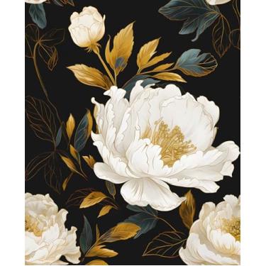 Imagem de VOLEAAR Papel de parede floral escuro extra longo - 43 cm x 93 cm, flor grande boho com papel de parede autoadesivo dourado preto para decoração de parede de gaveta de quarto, papel de contato
