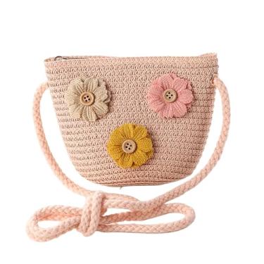 Imagem de LOHGOU Bolsa tiracolo feminina de crochê, linda bolsa de ombro de praia de palha pequena bolsa de pendurar, Flor - rosa