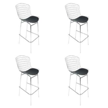 Imagem de Kit 4 Banquetas Bertoia Cromada assento preto tubular altura 70cm - Po
