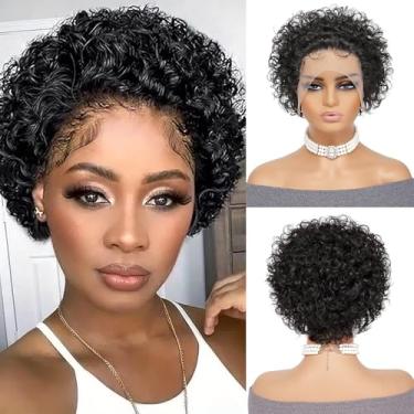 Imagem de seelaak Peruca de cabelo humano cacheado curto 13x1 pré-arrancada 13 x 1 peruca de cabelo humano encaracolado crespo frontal para mulheres negras 1B cor natural afro corte Pixie Bob peruca 150%