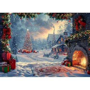 Imagem de ZZBYSM Pano de fundo de Natal de 20 x 1,8 m com cena de neve de inverno, árvore de Natal grande, fogão ao ar livre, cenário de fotografia de vinil de estúdio BY214