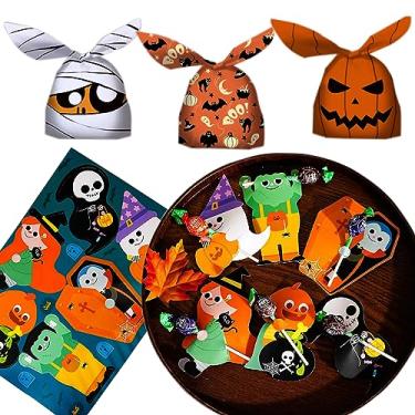 Imagem de Conjunto de decoração de doces de Halloween, 60 peças de sacos de doces ou travessuras em 3 estilos, 10 cartões de papel com pirulitos fofos de desenho animado em 6 padrões de desenho animado