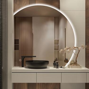Imagem de Niccy Espelho LED Half Moon para banheiro, espelho semiretroiluminado de 81 cm, espelho de maquiagem sem moldura com luz, antiembaçamento, à prova de estilhaçamento, 3 cores, espelho de maquiagem