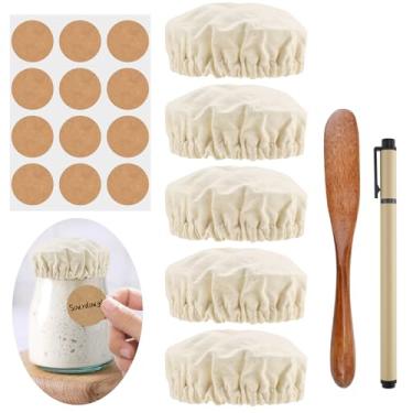 Imagem de MARRTEUM 6 peças de tampas de pote para iniciantes de massa fermentada com espátula, adesivos e caneta em branco, capa de linho de tecido reutilizável, recipiente de fermentação de pão elástico, tampa