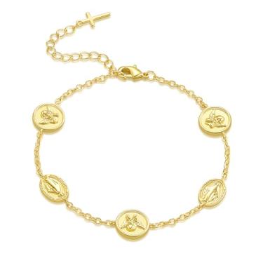 Imagem de EYUMOI Pulseiras de ouro para mulheres, pulseira de ouro 14 quilates para mulheres, pulseira de cruz de Jesus para mulheres, cupido religioso, corrente de elos de moeda Virgem Maria, pulseiras para