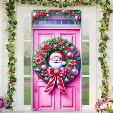 Imagem de BlissYard Capa de porta de Natal, design de guirlanda de cabeça de Papai Noel, faixa festiva para porta da frente para decoração de parede interna e externa, tecido de poliéster, decoração de festa em