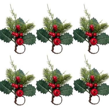 Imagem de RSACCSKY 6 Peças de Anéis de Guardanapo de Natal, Porta-Guardanapos Rústicos, Decorações de Mesa Artesanais de Frutas Vermelhas para Casamento, Ação de Graças, Ano Novo, Banquete, (1,4 Polegadas)