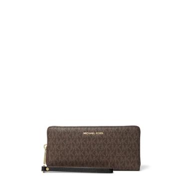 Imagem de Michael Kors Jet Set Travel Continental, ferragens douradas/Sarja revestida com assinatura MK/marrom/preta