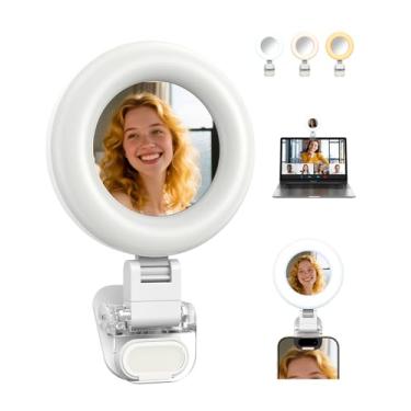 Imagem de TELESIN Anel de luz de selfie com clipe, recarregável, portátil, LED de 360°, luz de preenchimento de selfie com espelho para fotografia de telefone/iPhone, videoconferência de computador, laptop