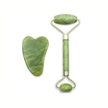 Imagem de Kit Massageador Facial 2 Peças - Rolo Massageador + Pedra Gua Sha (Verde)