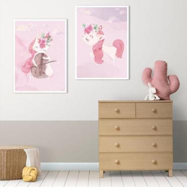 Imagem de Kit 2 Quadros Decorativos Unicórnio Rosa Quarto Infantil - TW Quadros 
