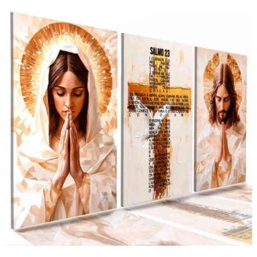 Imagem de Kit 3 Peças Quadro Decorativo Maria Jesus Cristo Salmo 23 Colorido Col