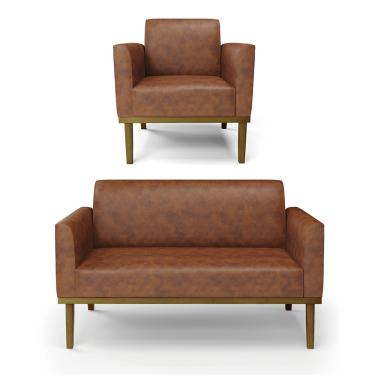 Imagem de Sofá Namoradeira com Poltrona Base de Madeira Fixa Castanho Marisa Corano Nozes  D03 - D'Rossi