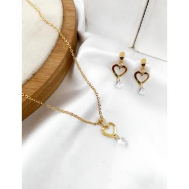 Imagem de Colar brinco banhado ouro cristal cordão feminino conjunto semi joia