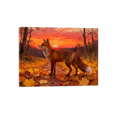 Imagem de Quadro parede outono-Raposa sol floresta Impressões em tela paisagens-Pintura animais para decoração sala estar 60x80cm Tela Embrulhada